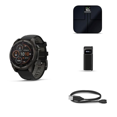 Garmin Fenix 8 Wellness Bundle - Fenix 8, 47mm, Solar, Sapphire, Carbon Gray Titanium, Index™ S2, Black, Index BPM & Garmin USB-A Charging/Data Cable (0.5 m)