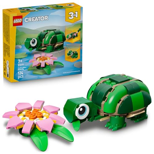 LEGO® Creator 3 in 1 Turtle with a Water Lily Flower 31377 Animal Toy - Building Set with 3 Build Options, Turtle, Chameleon or Frog - Animal Figures for Kids Aged 7+ - Toy for Girls and Boys