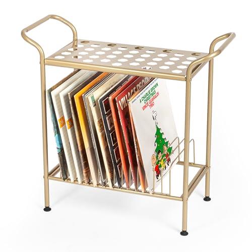 Ilyapa Record Player Stand with Vinyl Record Storage, Gold Metal Table with Shelves for Records, 2-Tier Record Storage, Vinyl Record Holder, Record Player Table, Turntable Stand with 14 Slots