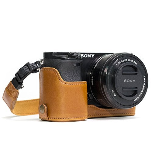 MegaGear Sony Alpha A6300, A6000 Ever Ready Leather Camera Half Case and Strap, with Battery Access - Light Brown - MG962