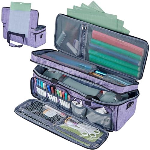 HOMEST Double Layer Carrying Case with Mat Pocket for Cricut Maker 3, Explore 3, Multi Front Pockets for Accessories and Supplies, Purple