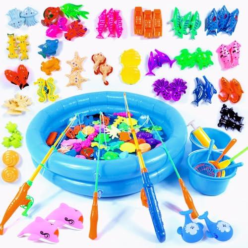 Peeokuo 70PCS Magnetic Fishing Bath Toys Game Set,Swimming Fish Toys for Bathtub,Water Table Bathtub Toys for Toddlers Kids Age 3-6, Pool Toys for Pretend Play&Education Teaching&Learning Colors