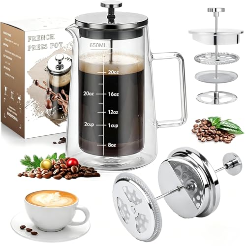 Mumoo Bear French Press Coffee Maker, 22Oz/650ml - Double-Wall Insulated Borosilicate Glass - Ergonomic Handle - Coffee Gift - Tea & Coffe Press - Heat-Resistant Design for Home and Office Use