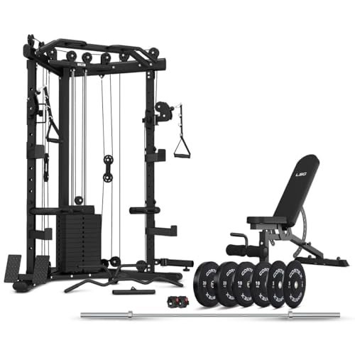 LSG GRK-110 Space Saving Multi-Function Rack with 73kg Cable Crossover, FID Exercise Bench, 90kg Standard Weight Package, Padded J-Hooks, Landmine, Chin-Up Station & Spot Bars All Accessories Included
