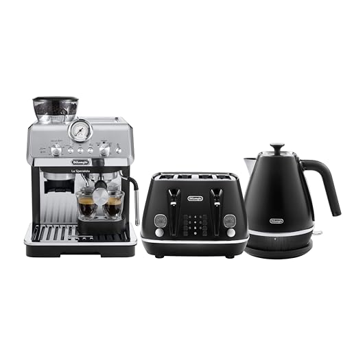 De'Longhi Distinta Moments & La Specialista Arte Breakfast Collection, Set Includes, La Specialista Arte Manual Coffee Machine, 4 Slice Toaster, Electric Kettle, Black