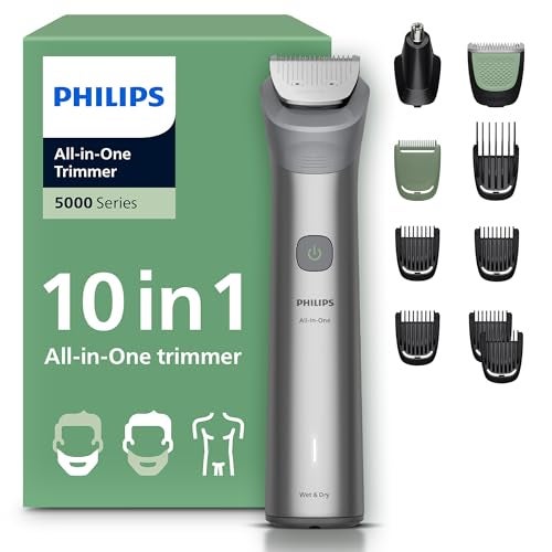 Philips Multigroom 5000 Series All-in-One 10-Piece Trimmer - Shaver and Clipper for Face, Head & Body, Self-sharpening Full Metal Blades, 7 Length Settings (0.5-16 mm), Model MG5922/15