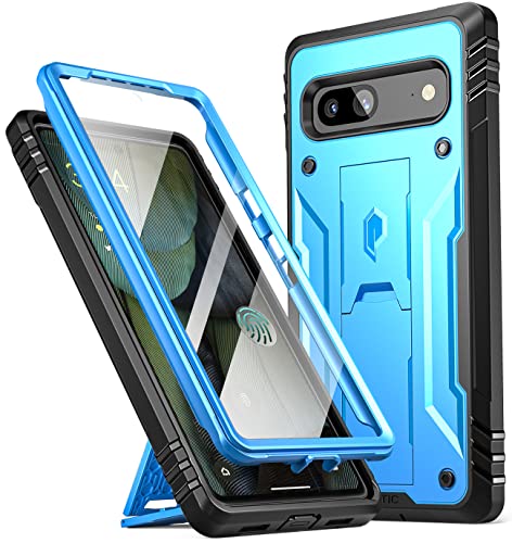 Poetic Revolution Case for Google Pixel 7A 5G, Built-in Screen Protector Work with Fingerprint ID, Full Body Rugged Shockproof Protective Cover Case with Kickstand, Light Blue