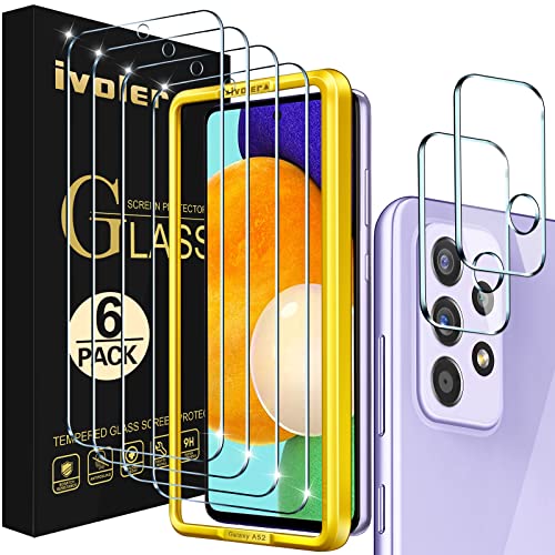 [4+2 Pack] iVoler Screen Protector for Samsung Galaxy A52 5G&4G/ A52s 5G [4 Pack] with 2 Pack Camera Lens Protector Tempered Glass for Samsung A52 5G&4G/ A52s 5G with Easy Installation Frame, 6.5 inch