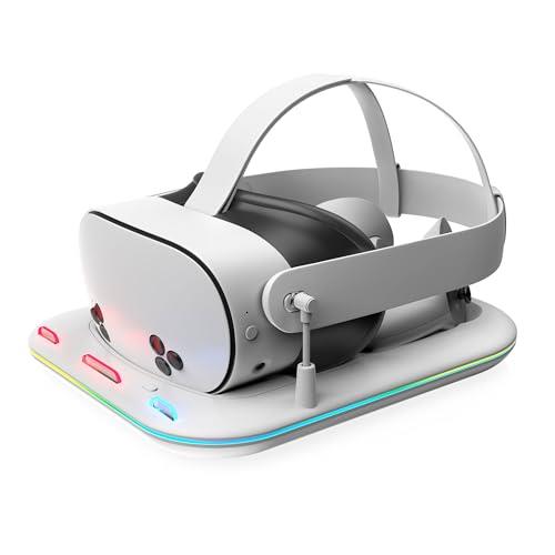 Powerwave RGB Fast Charging Dock for Meta Quest 3 & 3S, 20W Fast Charging, 2 Rechargeable Batteries, Magnetic VR Headset & Controllers Charging Connection - (White)