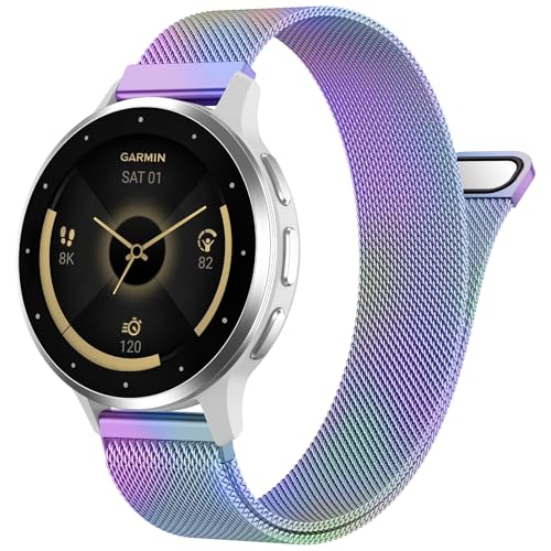 20mm Stylish Metal Band Compatible with Garmin Venu Sq 2/ Forerunner 55/245 Watch Bands, Magnetic Stainless Steel Loop Replacement Wristband for Garmin Vivoactive 5/6/3 Watch Bands Women Men, Colorful
