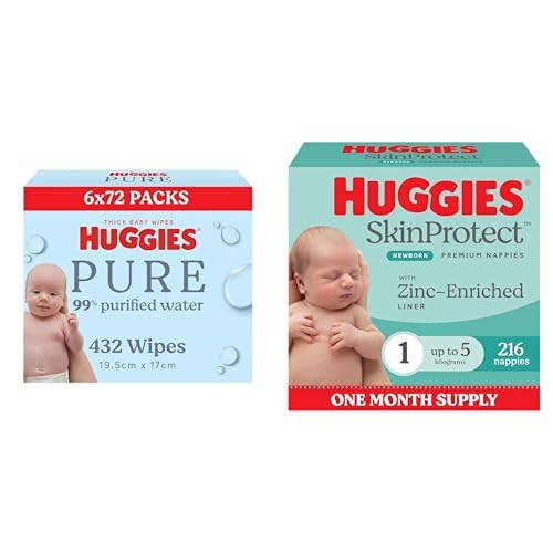 Huggies Nappies and Wipes Bundle, Skin Protect Newborn Nappies, Size 1 (up to 5 Kilogram), 216 Count, Thick Baby Wipes, 99% Purified Water, 432 Count