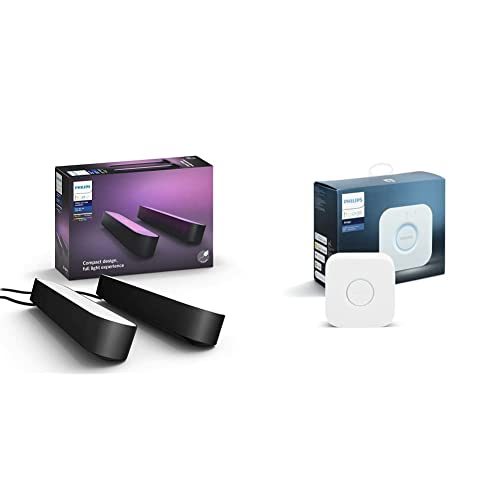 Philips Hue Play - White & Colour Ambiance Smart LED Bar Light - Black - 2 Pack (Base Kit) & Bridge V2.0, White