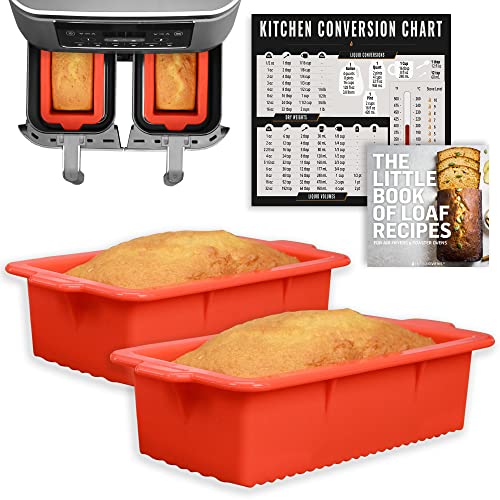 INFRAOVENS Air Fryer Silicone Loaf Pans for Ninja Foodi Dual Basket DZ201 8qt Baking Set, Non-Stick Cake Pan, Conversion Chart, Airfryer Bakeware for Double 2-Basket DualZone Airfryer, BPA Free by