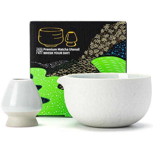 TEANAGOO Japanese Natural Rock Texture Matcha Chawan with Whisk Rest, 18 oz. , K13, Light Grey, Matcha Tea Bowl, Matcha Tea Bowl, Ceramic Matcha Bowl Accessories