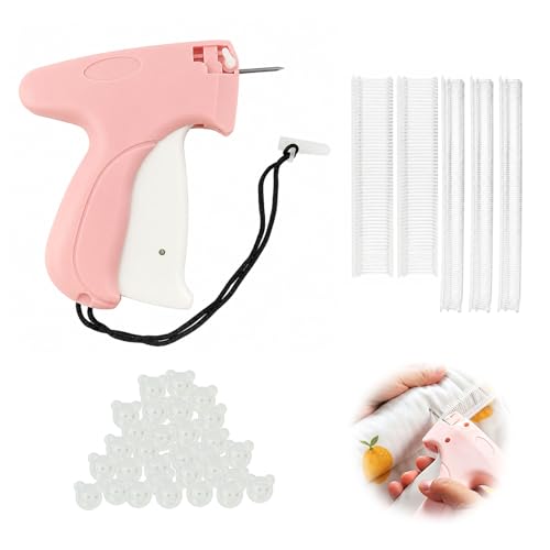 EssenceNest Stitch Gun for Clothes, Handheld Mini Sewing Kit with 5mm Fine Needle, Quick Clothing Fixer Tagging Gun for Hemming & Quilting, Includes 1 Pink Gun, 100 White Buttons, 2100 White Fasteners