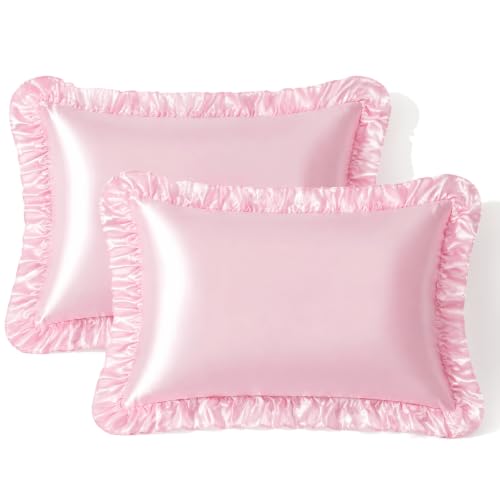 SiinvdaBZX Satin Ruffled Pillow Cases, 2 Satin Pillowcases Queen Size Shabby Chic with Ruffles and Envelope Closure Queen (20"x30") Blush Pink