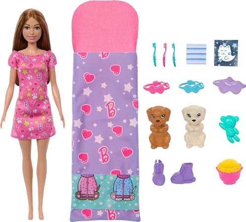 Barbie Doll & Puppy Slumber Party Playset and Accessories | 2 Toy Dog Figures, Color-Change Feature, 10+ Accessories such as Sleeping Bag, Eye Masks & More, Age 3+