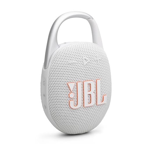 JBL Clip 5 - Ultra-Portable, Waterproof & Dustproof Bluetooth Speaker, Big Pro Sound with Punchy bass, Integrated Carabiner, Up to 12 Hours of Play, Made in Part with Recycled Materials (White)