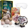 NATIONAL GEOGRAPHIC Break Open 10 Premium Geodes – Includes Goggles and Display Stands - Great STEM Science Kit, Geology for Kids, Geode Crystals, Toys for Boys and Girls