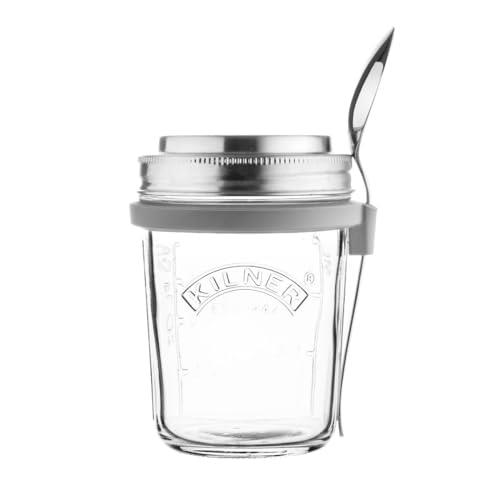 Kilner Rayware Breakfast Mason Jar with Spoon and Silicone Holder Set, 350 ml Capacity