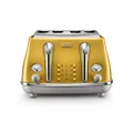 De'Longhi Icona Capitals 4 Slice Toaster CTOC4003.Y ,4 Slot Toaster with Reheat, Bagel, Cancel, and Defrost Functions, 6 Browning Levels, 1800 W, Pull Crumbs Tray, Stainless Steel, Yellow