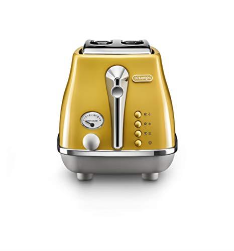 De'Longhi Icona Capitals 2 Slice Toaster, CTOC2003.Y, 2 Slot Toaster with Reheat, Bagel, Cancel, and Defrost Functions, 6 Browning Levels, 900 W, Pull Crumbs Tray, Stainless Steel, Yellow