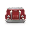 De'Longhi Icona Capitals 4 Slice Toaster CTOC4003.R,4 Slot Toaster with Reheat, Bagel, Cancel, and Defrost Functions, 6 Browning Levels, 1800 W, Pull Crumbs Tray, Stainless Steel, Red