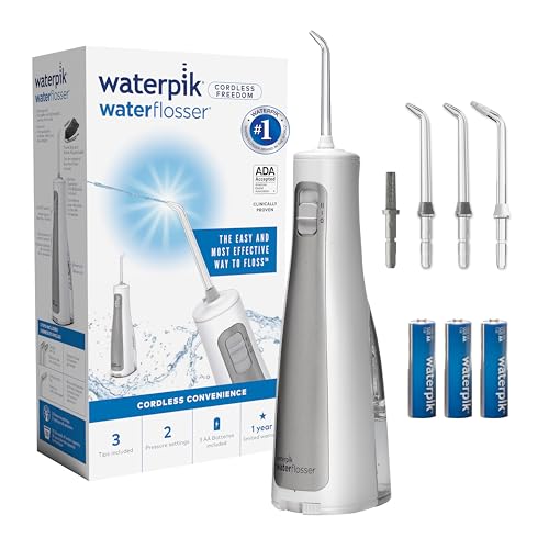 Waterpik Cordless Freedom, Portable Water Flosser - Battery-Operated (Batteries Included), 2 Pressure Settings, Waterproof & Shower Safe, 3 Flosser Tips, 2-Year Warranty - White (WF-03A010)