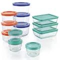 Pyrex 1136614 Simply Store Rectangular Glass Food Containers with BPA Free Plastic Multi-Coloured Lids (24-Piece Set)