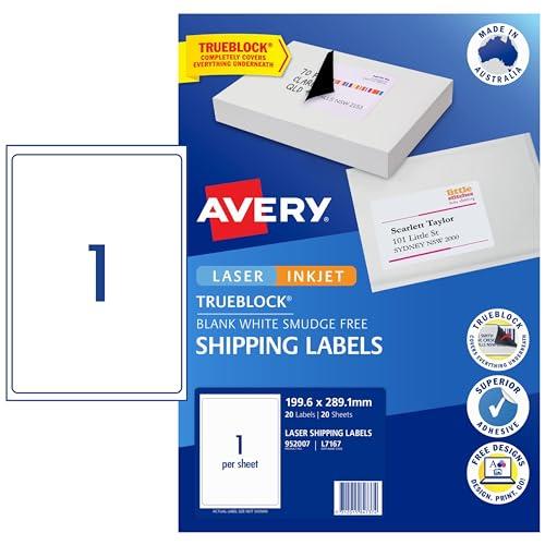 Avery Trueblock A4 Labels for Inkjet & Laser Printers - Printable Packaging, Shipping & Address Labels - Mailing Stickers - White, 199.6 x 289.1 mm, 20 Labels / 20 Sheets (952007 / L7167)