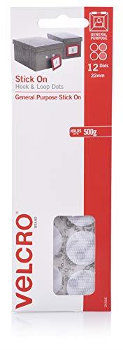 VELCRO Brand 26178 Stick On Hook and Loop Dots General Purpose Peel and Stick Adhesive - 22mm Dots, 12 Pack, White
