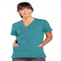 Cherokee Women Scrubs Top Workwear Originals Snap Front V-Neck 4770, Teal Blue, Large