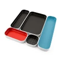 Three by Three Seattle 5 Piece Metal Organizer Tray Set for Storing Makeup, Stationery, Utensils, and More in Office Desk, Kitchen and Bathroom Drawers (1 Inch, Blue Black Red and Dots)