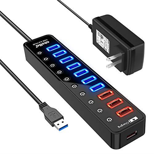 Powered USB 3.0 Hub Atolla USB 3.0 Data Hub 11 Ports - 7 USB 3.0 Data Ports + 4 Smart Charging Port with Individual On/Off Switches and 12V/4A Power Adapter USB Hub 3.0 Splitter