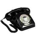 GPO 746 Rotary 1970s-style Retro Landline Phone - Curly Cord, Authentic Bell Ring - Black