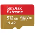Sandisk Extreme microSDXC, SQXA1 512GB, V30, U3, C10, A2, UHS-I, 160MB/s R, 90MB/s W, 4x6, SD adaptor, Lifetime Limited, Red/black (SDSQXA1-512G-GN6)