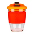 DrinkPod 12oz/340 ml Reusable Coffee Cup/Travel Mug with Rotating Rubber Lip BPA Free Borosilicate Glass – Volcano/Red