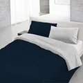 Italian Bed Linen Natural Color Duvet Cover Set with Doubleface Solid Colour Bag Sheet and Pillowcase, 100% Cotton, Dark Blue/Light Gray, Single