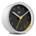 Braun Classic Analogue Clock with Snooze and Light, Quiet Quartz Movement, Crescendo Beep Alarm in White and Black, Model BC12WB, One Size