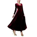 Urban CoCo Women Velvet Long Sleeve V-Neck Wrap Stretchy Long Dress (S, Wine Red)