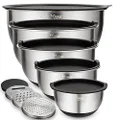 Mixing Bowls Set of 5, Wildone Stainless Steel Nesting Bowls with Airtight Lids, 3 Grater Attachments, Measurement Marks & Non-Slip Bottoms, Size 5, 3, 2, 1.5, 0.63 QT, Great for Mixing & Serving 5pc+3graters Black