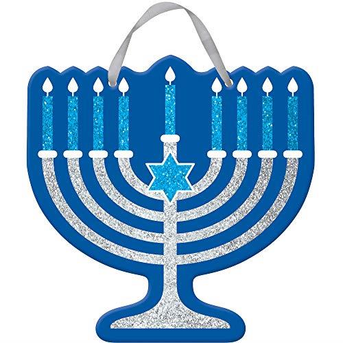 Amscan Hanukkah Hanging Sign MDF Glittered and Ribbon Hanger, Blue