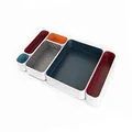 Three by Three Seattle 6 Piece Metal Organizer Tray Set for Storing Makeup, Stationery, Utensils, and More in Office Desk, Kitchen and Bathroom Drawers (2 Inch, Berry, Sunset, Blue, Stripes)