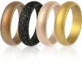 ThunderFit Silicone Rings Wedding Bands for Women 4 Pack (Black with Yellow Glitter, Gold, Rose Gold, Bronze, 7.5-8 (18.2mm))