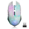 TENMOS M2 Wireless Gaming Mouse, Silent Rechargeable Optical USB Computer Mice Wireless with 7 Color LED Light, Ergonomic Design, 3 Adjustable DPI for Laptop/PC/Notebook, 6 Buttons (White)
