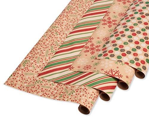 AMERICAN GREETINGS 6393108 Christmas Wrapping Paper, Red, Green and Kraft, Stripes, Polka Dots, Snowflakes and Holly (4 Pack, 80 sq. ft.)
