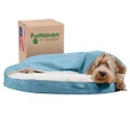 Furhaven Pet Dog Bed | Orthopedic Round Faux Sheepskin Snuggery Burrow Pet Bed for Dogs & Cats, Blue, 35"