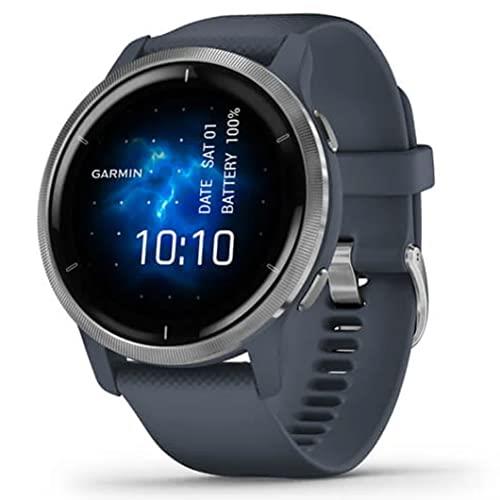 Garmin Venu 2, GPS Fitness Smartwatch, Silver Stainless Steel Bezel with Granite Blue Band