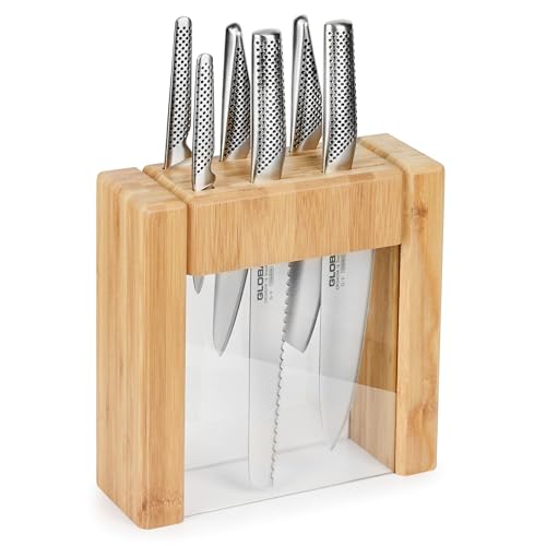 Global Ikasu 7-Piece Japanese Knife Block Set, Made in Japan, Bamboo Storage Block