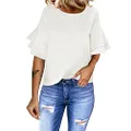 luvamia Women's Casual 3/4 Tiered Bell Sleeve Crewneck Loose Tops Blouses Shirt - White - XX-Large